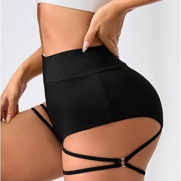 Black Cut Out Biker Shorts | OYOANGLE Goth Punk Ring Linked High Waisted Shorts - Picture 5 of 6